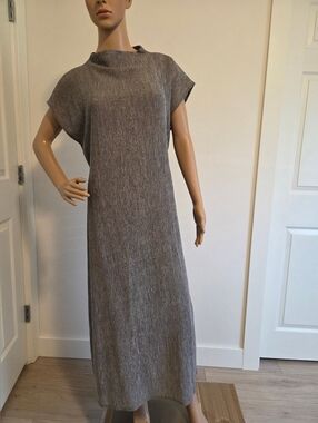 Eileen Fisher Grey Woven Plisse Funnel Neck Maxi Dress NEW